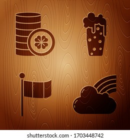 Set Rainbow with cloud, Gold coin with four leaf clover, National Ireland flag and Glass of beer on wooden background. Vector