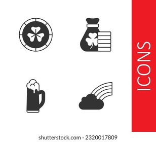 Set Rainbow with cloud, Golden leprechaun coin, Glass of beer and Money bag clover icon. Vector