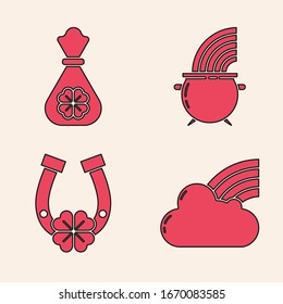 Set Rainbow with cloud, Money bag with four leaf clover, Witch cauldron and rainbow and Horseshoe with four leaf clover icon. Vector