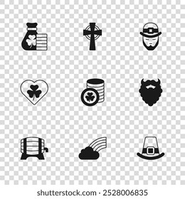 Set Rainbow with cloud, Mustache and beard, Leprechaun hat, Golden leprechaun coin, Money bag clover, Celtic cross and Heart trefoil leaf icon. Vector