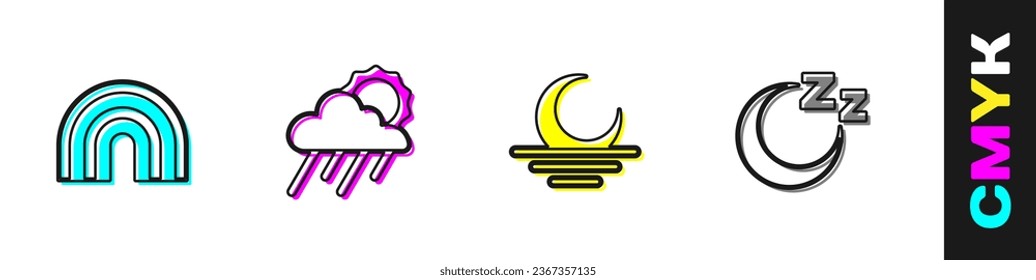 Set Rainbow, Cloud with rain and sun, Sunset and Time to sleep icon. Vector