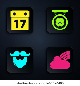 Set Rainbow with cloud, Saint Patrick's day with calendar, Mustache and beard and Street signboard with four leaf clover. Black square button. Vector
