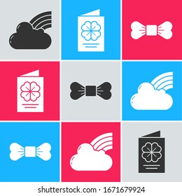 Set Rainbow with cloud, Saint Patricks Day flyer, brochure, postcard and Bow tie icon. Vector