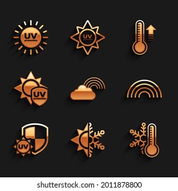 Set Rainbow with cloud, Sun and snowflake, Thermometer, UV protection, Meteorology thermometer and  icon. Vector