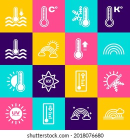 Set Rainbow with cloud, Sun and snowflake, Thermometer, clouds sun, Water thermometer,  and Meteorology icon. Vector
