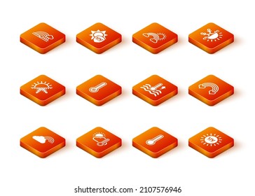 Set Rainbow with cloud, Thermometer and cloud, sun, Sun snowflake, Meteorology thermometer, Water, UV protection and heart icon. Vector