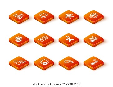 Regenbogen mit Wolke, UV-Schutz, Meteorologie-Thermometer, Sonne, Kelvin und Thermometer-Schneeflocken-Symbol. Vektorgrafik