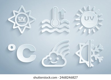 Arco iris con nube, protección UV, Celsius, Sol y copo de nieve, Termómetro de agua e icono. Vector