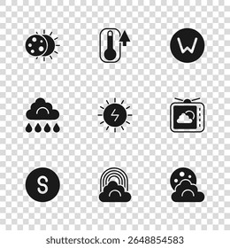 Definir Arco-íris com nuvem, Previsão do tempo, Lua de nuvem, painel de energia solar, Bússola norte, Eclipse do sol, Termômetro e ícone de chuva. Vetor