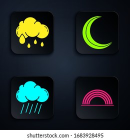 Set Rainbow with clouds, Cloud with rain, Cloud with rain and Moon and stars. Black square button. Vector