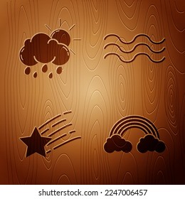 Set Rainbow with clouds, Cloud with rain and sun, Falling star and Waves on wooden background. Vector