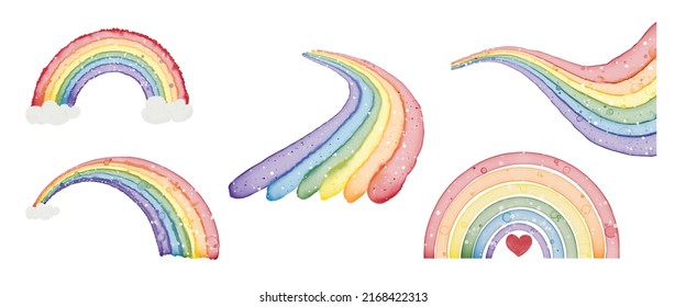 Set of Rainbow and clouds design elements isolated on white background. Alcohol ink, watercolor style, LGBTQ community pride concept.