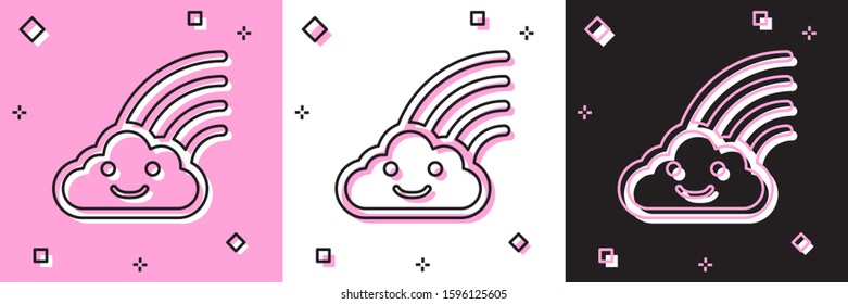 Set Rainbow with clouds icon isolated on pink and white, black background.  Vector Illustration