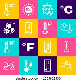 Regenbogen mit Wolken, Meteorologie-Thermometer, Thermometer und Wolke, Mond, UV-Schutz und Symbol. Vektorgrafik