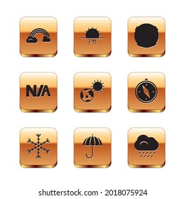 Fijar el arcoiris con nubes, copo de nieve, paraguas, globo terrestre y sol, no aplicable, luna, lluvia en la nube e icono de la puesta de sol. Vector
