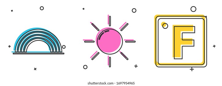 Coloque el arco iris con nubes, el sol y el icono Fahrenheit. Vector
