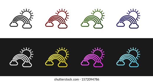 Set Rainbow with clouds and sun icon isolated on black and white background.  Vector Illustration