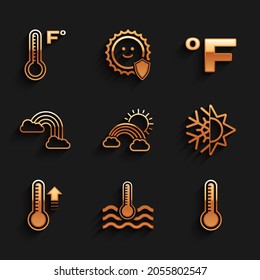Arrojar arcoiris con nubes y sol, termómetro de agua, meteorología, copo de nieve de sol, Fahrenheit e ícono. Vector