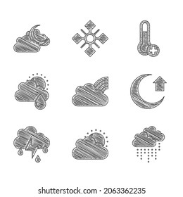 Regenbogen mit Wolken, Sonne und Wetter, Wolkenregen, Mond, Blitz, Sonne, Thermometer und Mondsymbol. Vektorgrafik