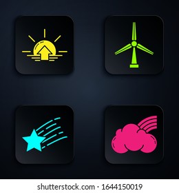 Set Rainbow with clouds, Sunrise, Falling star and Wind turbine. Black square button. Vector