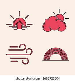 Set Rainbow with clouds, Sunrise, Sun and cloud weather and Wind icon. Vector
