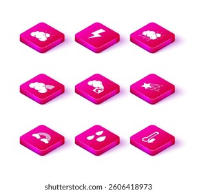 Set Rainbow with clouds, Water drop, Celsius and, Thermometer, Falling star, Cloud rain sun and Lightning bolt icon. Vector