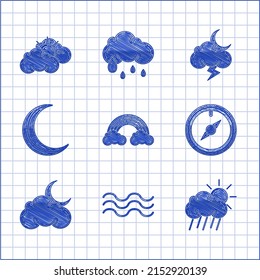 Set Rainbow with clouds, Waves, Cloud rain and sun, Wind rose, moon stars, Moon, Storm and Sun weather icon. Vector