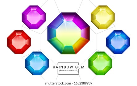 Set Of Rainbow Color Fantasy Jewelry Gems, Polygon Shape Stone For Game.