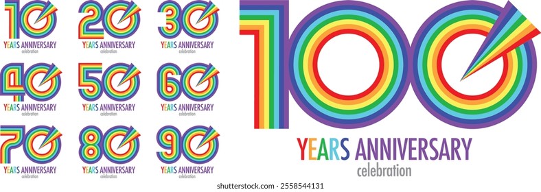 set of rainbow color number 10 20 30 40 50 60 70 80 90 and 100 with words years anniversary celebration in the bottom, isolated on white background.