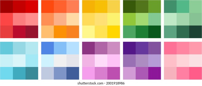 Set of Rainbow color palette in red orange yellow green blue purple pink, colorful squares, scrapbook paper, card template, pride, lgbt, wallpaper background, vector illustration, shades of rainbow