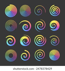 Set of rainbow color spirals. Abstract swirl shapes with bright multi color gradient. Twisting circles. Summer design elements. Isolated vector icons