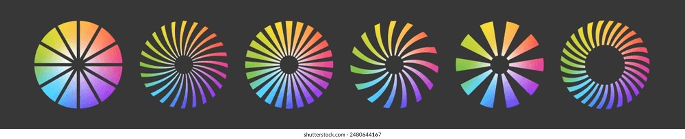 Satz von Regenbogen-Farbspiralen. Abstrakte Swirl-Formen mit hellem mehrfarbigen Farbverlauf. Zwirnen von Kreisen. Sommerliche Design-Elemente. Isolierte Vektorsymbole