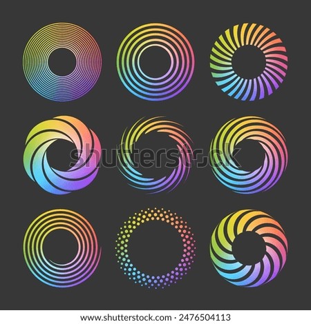 Set of rainbow color spirals. Abstract swirl shapes with bright multi color gradient. Twisting circles. Summer design elements. Isolated vector icons