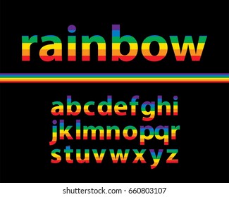 Set of rainbow colored alphabet lowercase letters with black background, vector illustration