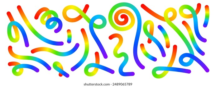 Set of rainbow colored curvy lines isolated on white background. Cool colorful squiggles, stripes, spirals and loops in spline style. Organic doodle figures with gradient effect. Vector illustration.