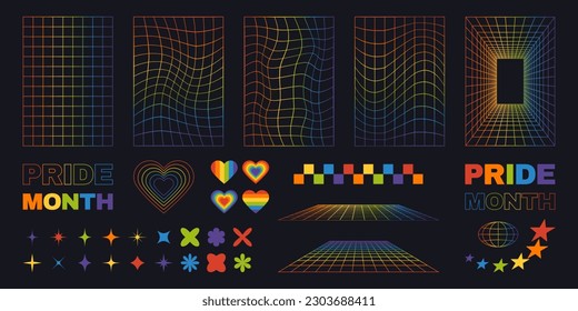 Set of rainbow colored grid backgrounds and abstract elements. Pride month poster and flyer design template. Y2k retro aesthetic.