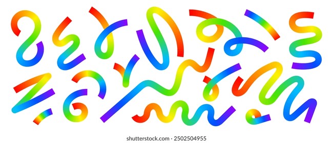 Set of rainbow colored squiggles. Cool multicolored stripes, spirals, loops and other curvy lines isolated on white background. Organic doodle figures with gradient effect. Vector illustration.