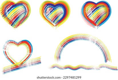 A set of rainbow colored stylized hearts representing the LGBT community. Perfect for promoting acceptance, pride and equality.