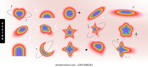 Set rainbow colors gradient blurred decorated and lines   sparkle in y2k style different shape vector illustration 