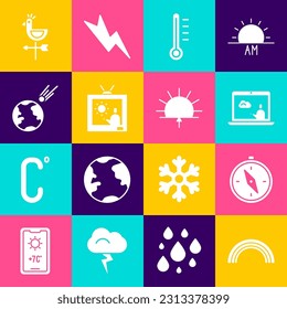 Set Rainbow, Compass, Weather forecast, Meteorology thermometer, Comet falling down fast, Rooster weather vane and Sunrise icon. Vector