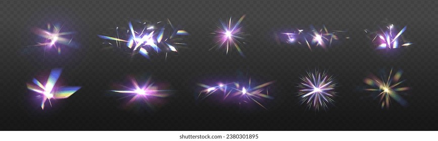 Set Rainbow crystal light leak flare reflection effect. Holographic falling confetti glitters isolated on transparent background. Vector illustration.