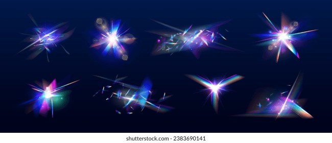 Set Rainbow crystal light leak flare reflection effect. Light streak overlay pattern designs. Transparent refraction elements. Vector illustration.	