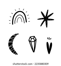 Conjunto de arcoiris, cristal, sol, corazón, luna. Ilustración vectorial silueta negra sobre fondo blanco para pegatinas, impresiones, afiches, postal
