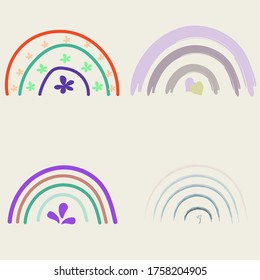 Conjunto de arcoiris dibujado en diferentes colores y formas. Estilo escandinavo. Arte infantil colorido.