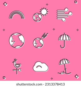 Set Rainbow, Earth globe and sun, Wind, Comet falling down fast, Umbrella, Rooster weather vane and Cloud icon. Vector