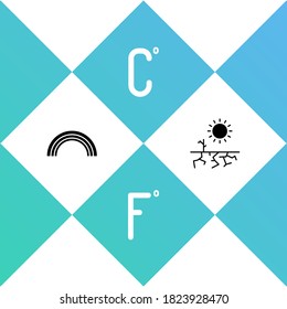 Set Rainbow, Fahrenheit, Celsius and Drought icon. Vector.