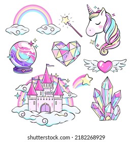 Set Of Rainbow, Fantasy, Crystal Magic Objects, Castle, Unicorn Vector Drawing