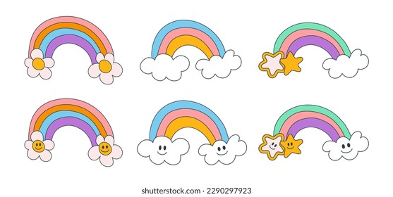Un arcoiris con flores, estrellas y nubes, elementos con sonrisa. Ambiente retro groovy, diseño de estilo y2k. Ilustración dibujada a mano aislada en fondo blanco. Vector 