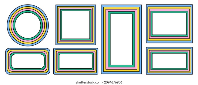 set of rainbow frames in 1970s hippie style. patterns retro vintage 70s groove. collection of round frame, star, rhombus and square. vector illustration design isolated