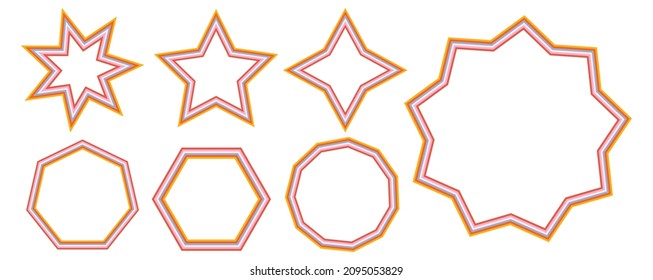 set of rainbow frames in 1970s hippie style. patterns retro vintage 70s groove. collection of round frame, star, rhombus and square. vector illustration design isolated